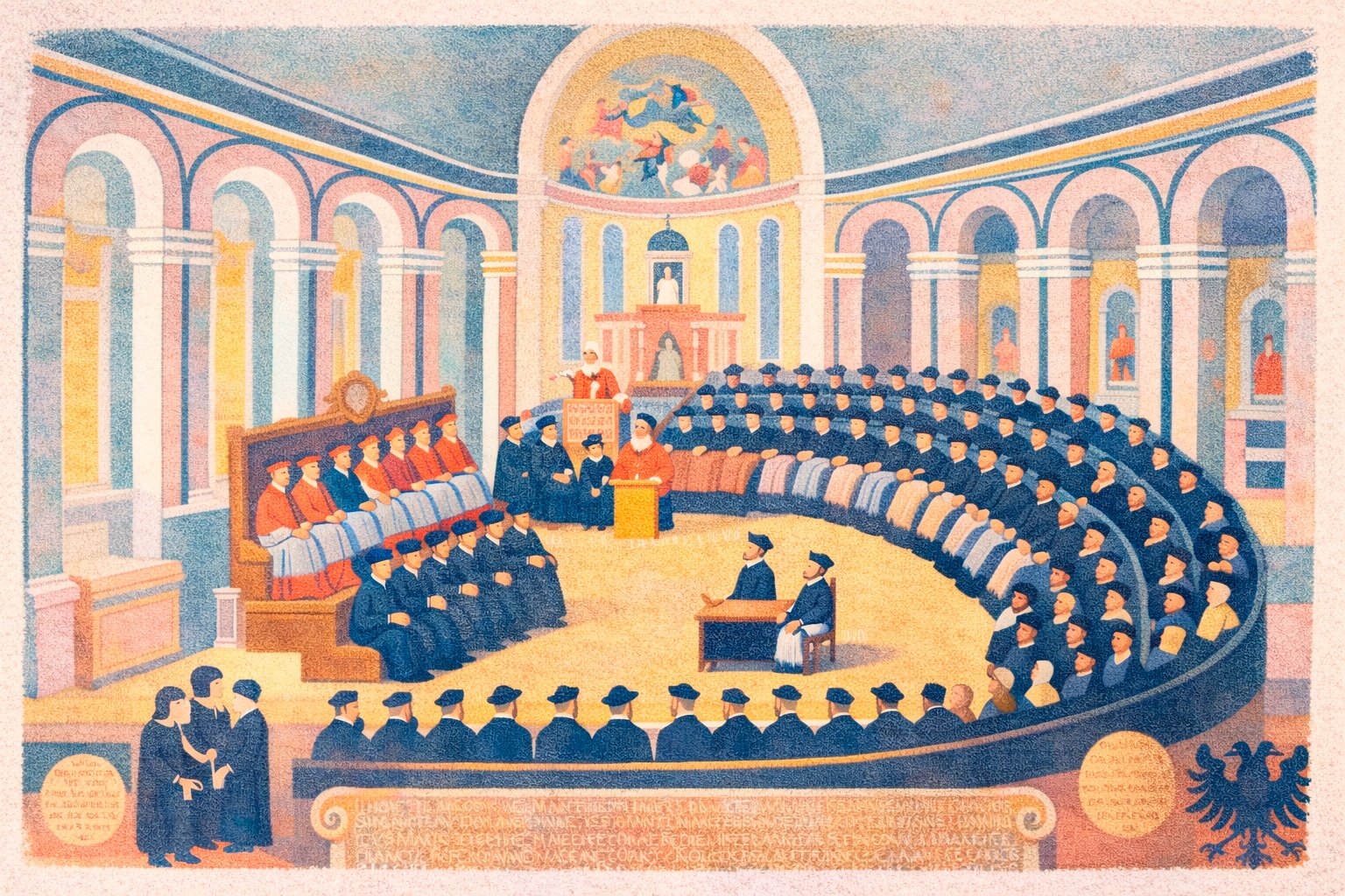Ilustração artística representando a assembleia do Concílio de Trento. Bispos sentados em semicírculo decidindo sobre a obrigatoriedade dos registros de batismo e casamento.