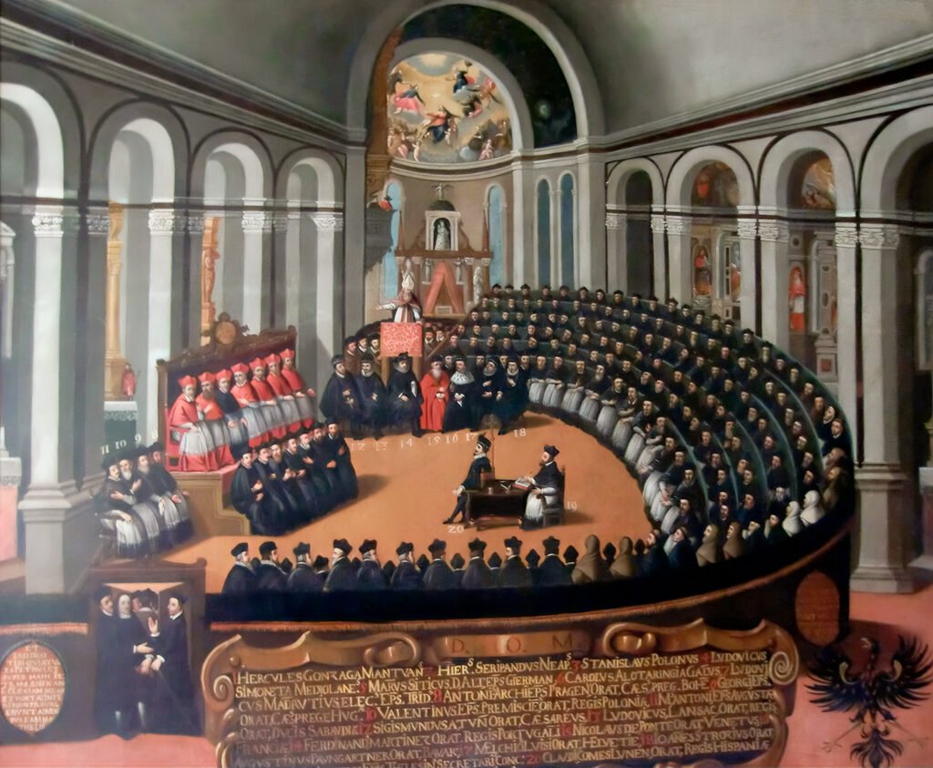Pintura histórica a óleo representando a Congregação Geral do Concílio de Trento na Catedral de San Vigilio. Bispos e clérigos estão reunidos em semicírculo. Este evento marcou a criação dos registros de batismo e casamento e a origem da genealogia documental.