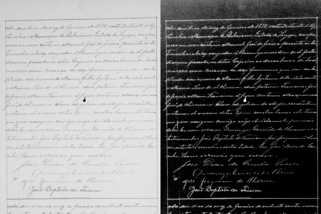 guia-paleografia-leitura-documentos-antigos-itabaiana Exemplo de paleografia em registro de nascimento de 1898 comparando imagem original e cores invertidas para facilitar a leitura.