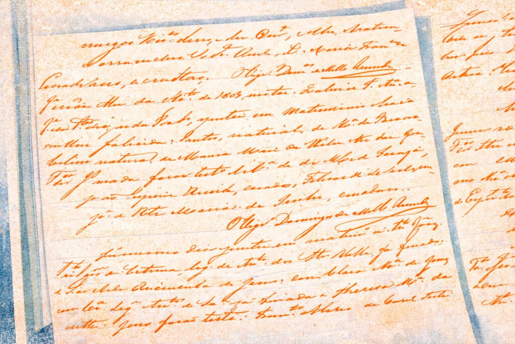 Close-up de folhas de manuscritos antigos com caligrafia cursiva complexa e tinta desbotada, ilustrando o desafio da paleografia na genealogia.