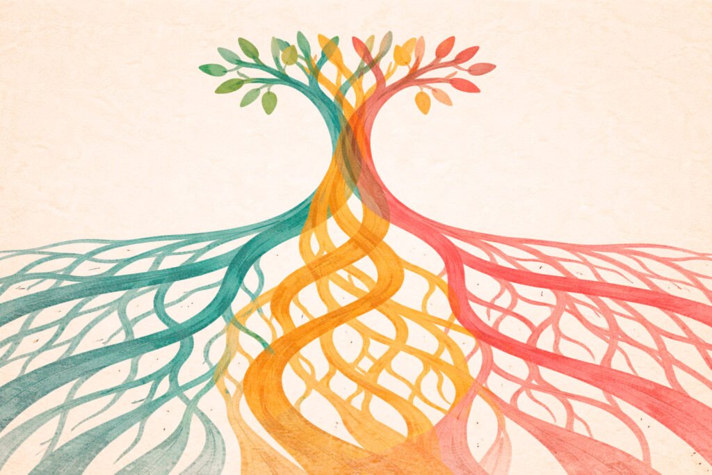 Ilustração abstrata de três sistemas de raízes de cores diferentes se entrelaçando para formar um único tronco de árvore forte, simbolizando a miscigenação e a união de diferentes etnias na formação das famílias brasileiras.