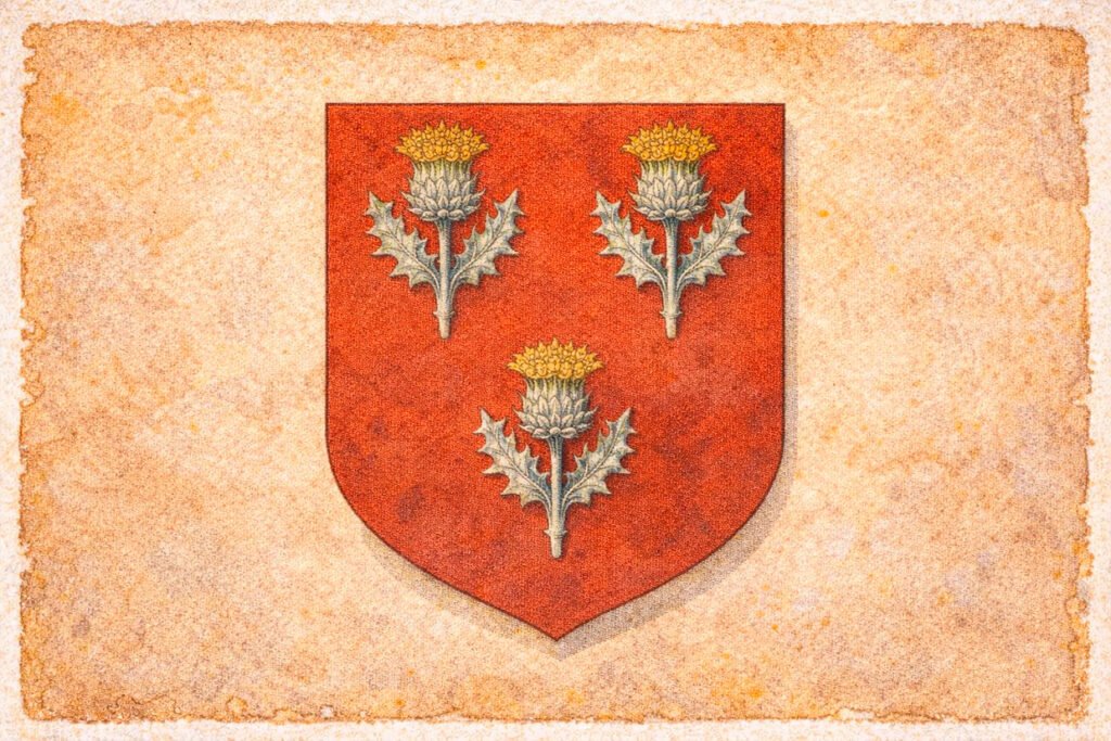 Ilustração digital reconstruindo a aparência provável do brasão da família Leite, com cardos prateados sobre fundo vermelho, estilo pergaminho antigo.