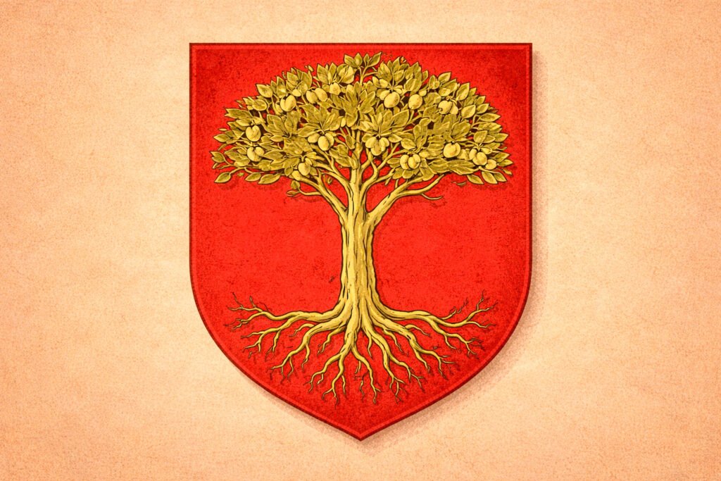 Ilustração do brasão de armas da família Oliveira: um escudo vermelho (gules) com uma oliveira dourada (or) arrancada, com raízes expostas e frutos, em estilo heráldico medieval sobre fundo de pergaminho.