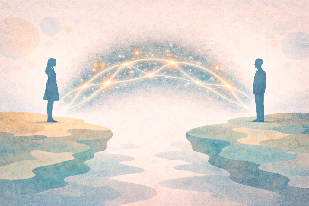 conexao-parentes-distantes-ponte-dna Ilustração artística texturizada mostrando duas silhuetas humanas em penhascos opostos, conectadas por uma ponte luminosa feita de pontos brilhantes e linhas, simbolizando uma conexão genealógica.