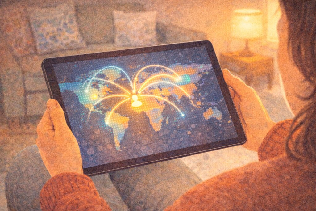 conexoes-globais-parentes-dna-tablet Pessoa segurando um tablet que exibe um mapa-múndi estilizado, com linhas de luz conectando o ícone do usuário central a vários pontos em diferentes continentes, representando conexões genealógicas globais.