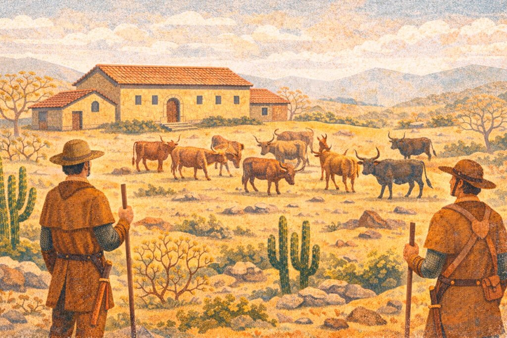 Ilustração histórica de uma fazenda de gado no sertão nordestino. Em primeiro plano, dois vaqueiros com roupas de couro observam um rebanho e uma casa colonial ao fundo, cercados por vegetação de caatinga e cactos.