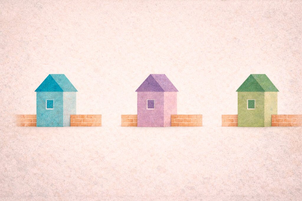 gedmatch-bancos-de-dados-isolados-dna Ilustração de três casas coloridas separadas por muros de tijolos, representando o isolamento dos bancos de dados de DNA (como Genera, MyHeritage e Ancestry) que não se comunicam entre si.