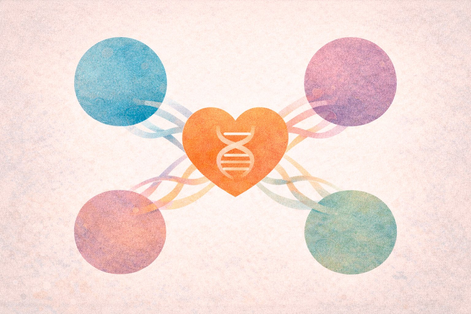 Ilustração abstrata mostrando quatro círculos coloridos conectados a um coração central com uma hélice de DNA, representando a união de dados de diferentes laboratórios (como Genera e MyHeritage) na plataforma GEDmatch.