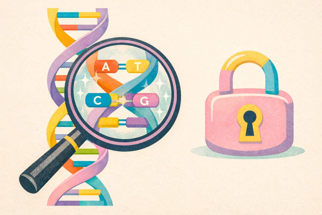 gedmatch-privacidade-seguranca-dados-dna Ilustração de uma lupa analisando detalhadamente uma hélice de DNA (com as bases A, T, C, G visíveis) ao lado de um cadeado fechado. Simboliza a importância da privacidade e segurança ao manusear dados genéticos no GEDmatch.