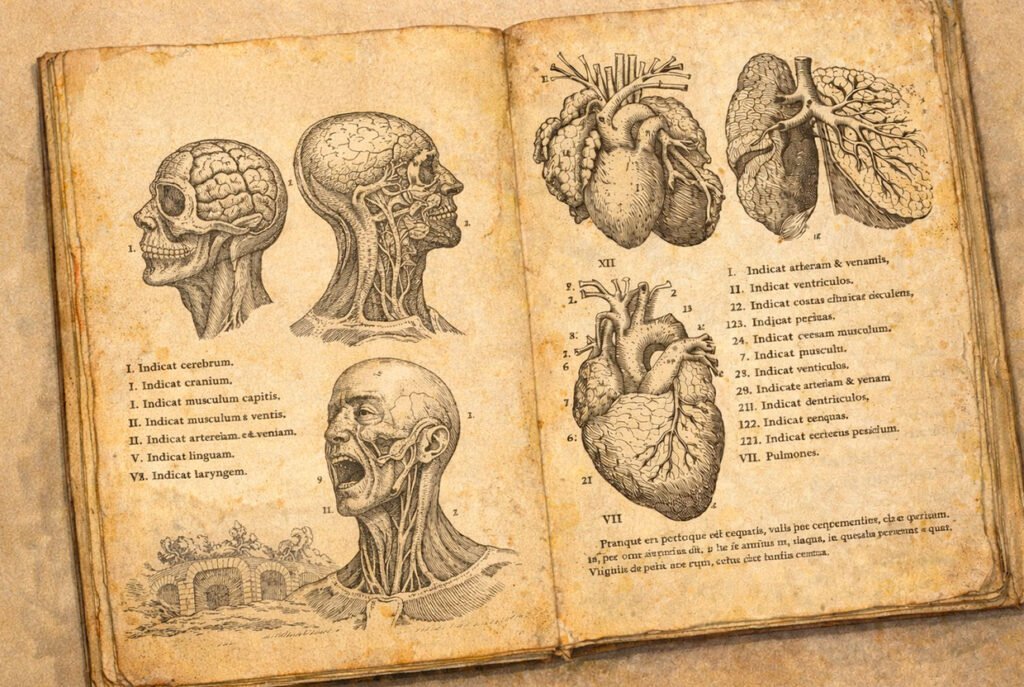 Ilustração simulando livro antigo de medicina sobre anatomia humana