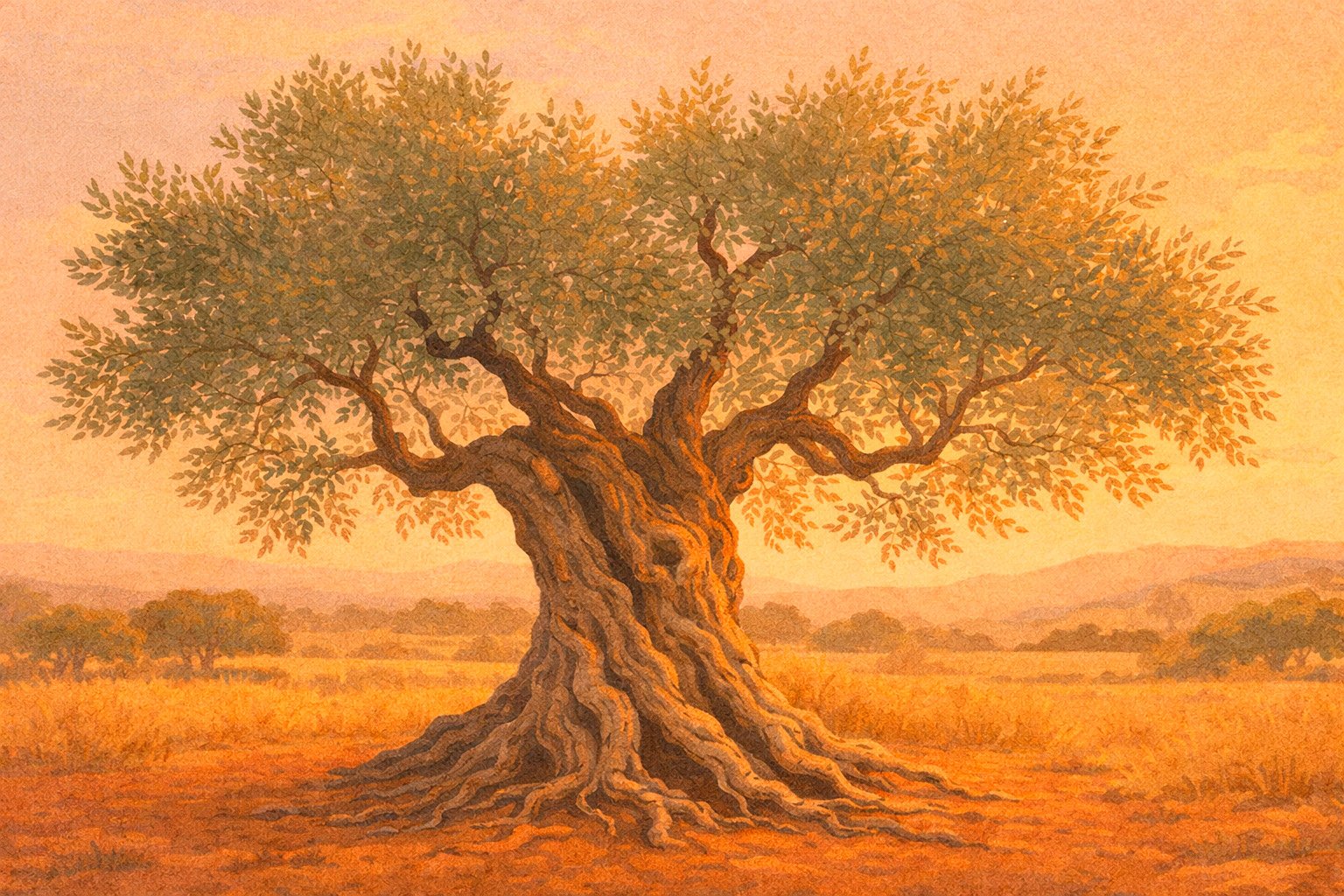 Ilustração artística realista de uma oliveira antiga e robusta com tronco retorcido e raízes expostas em um campo dourado ao pôr do sol, simbolizando a ancestralidade da família Oliveira.