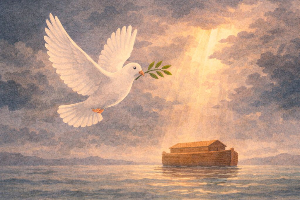 Ilustração estilo pintura clássica de uma pomba branca voando com um ramo de oliveira no bico, tendo a Arca de Noé ao fundo sobre águas calmas e raios de sol rompendo as nuvens.