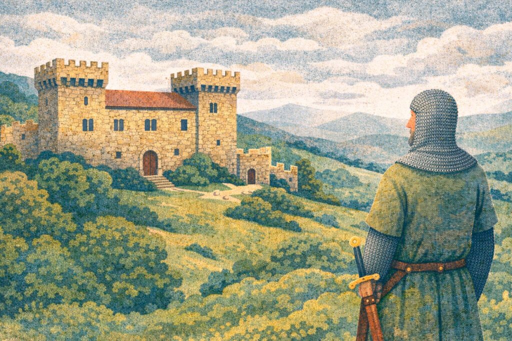 Ilustração representando Mem Pires Leite, fidalgo medieval, observando o Solar da família Leite na região de Entre Douro e Minho, Portugal, no século XIII.