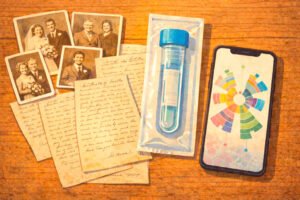 Mesa de madeira contendo fotos antigas de família e cartas manuscritas à esquerda, contrastando com um tubo de coleta de DNA e um smartphone exibindo um gráfico de ancestralidade à direita.