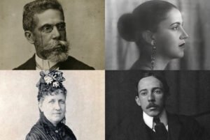 Montagem com quatro retratos fotográficos em preto e branco de personalidades históricas brasileiras: Santos Dumont, Machado de Assis, Tarsila do Amaral e Princesa Isabel