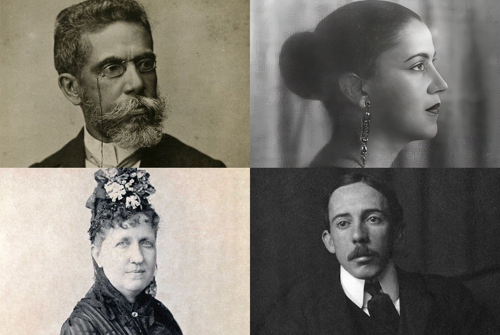 Montagem com quatro retratos fotográficos em preto e branco de personalidades históricas brasileiras: Santos Dumont, Machado de Assis, Tarsila do Amaral e Princesa Isabel